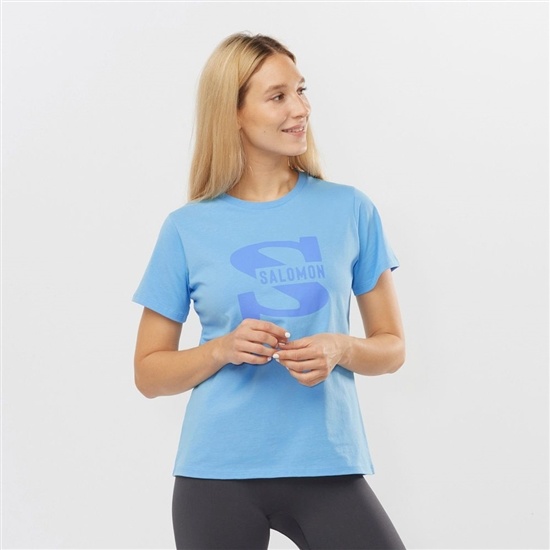 Blue Women's Salomon OUTLIFE BIG LOGO Short Sleeve T Shirts | 460-NKXZJB