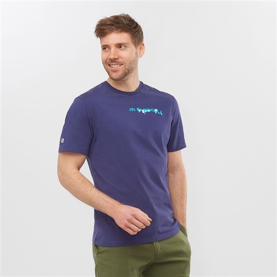 Navy Men's Salomon OUTLIFE GRAPHIC DISRUPTED TYPE SS M Short Sleeve T Shirts | 361-IENRMA