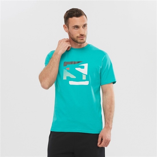 Turquoise Men's Salomon OUTLIFE GRAPHIC DISRUPTED LOGO SS M Short Sleeve T Shirts | 146-XFIDKJ