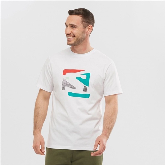 White Men's Salomon OUTLIFE GRAPHIC DISRUPTED LOGO SS M Short Sleeve T Shirts | 453-AGMFOH